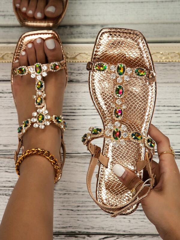 Women Jewelled Decor Snakeskin Embossed Slingback Sandals, Glamorous