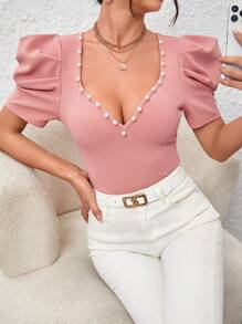 SHEIN Privé Áo thun nữ cườm đính Ngọc trai màu trơn Giải trí - Màu Hồng baby - Xem 4