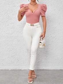 SHEIN Privé Áo thun nữ cườm đính Ngọc trai màu trơn Giải trí - Màu Hồng baby - Xem 5