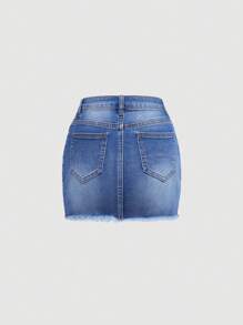 SHEIN 青少年女孩破洞毛邊牛仔半身裙