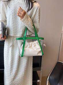 Contrast Binding Shoulder Tote Bag Drawstring Design With Inner Pouch - Multicolor - View 1