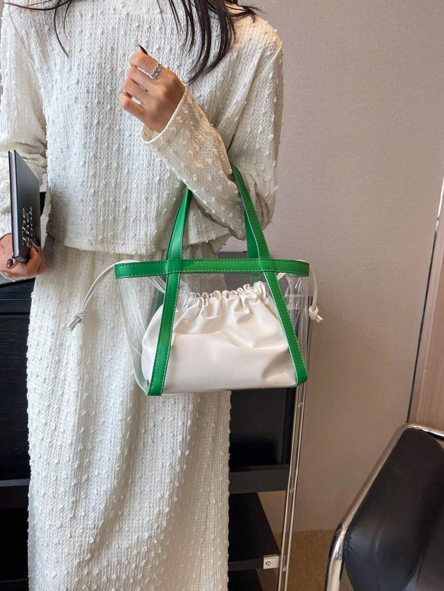 Contrast Binding Shoulder Tote Bag Drawstring Design With Inner Pouch - Multicolor - View 1