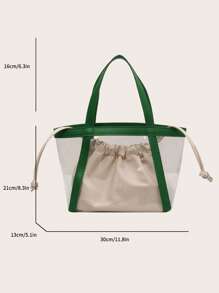 Contrast Binding Shoulder Tote Bag Drawstring Design With Inner Pouch - Multicolor - View 3