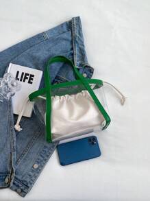 Contrast Binding Shoulder Tote Bag Drawstring Design With Inner Pouch - Multicolor - View 4