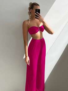 SHEIN Swim 素色抹胸比基尼泳裝带罩衫裤 - 玫紅色 - 查看 1