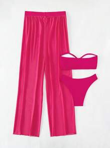 SHEIN Swim 素色抹胸比基尼泳裝带罩衫裤 - 玫紅色 - 查看 2