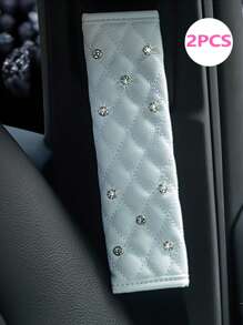 2入組水鑽裝飾PU皮革汽車安全帶套 - 白色 - 查看 2
