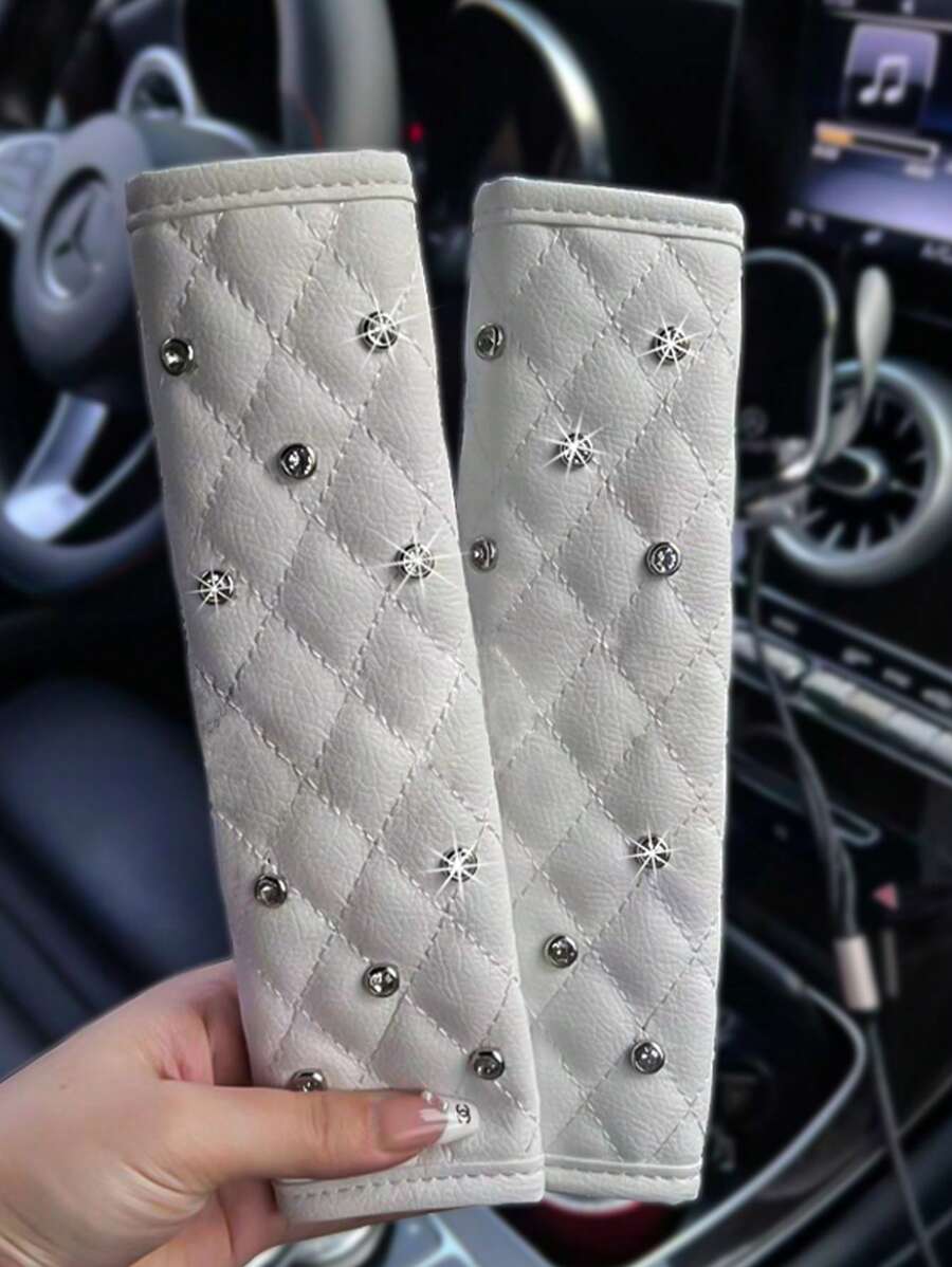 2入組水鑽裝飾PU皮革汽車安全帶套 - 白色 - 查看 1