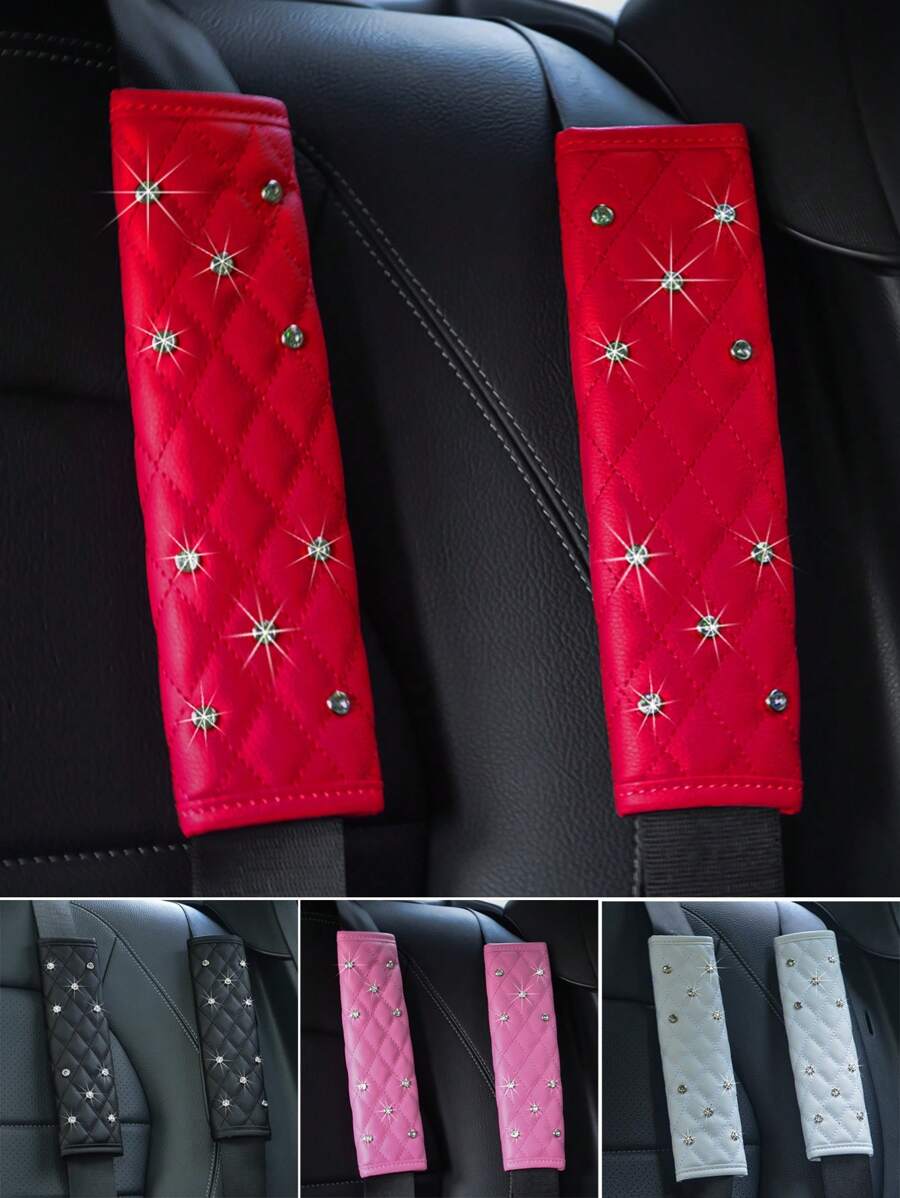 2pcs Rhinestone Decor PU Car Seat Belt Cover - Red - View 1