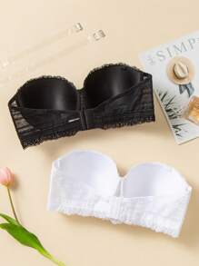 Plus 2pcs Lace Overlay Bandeau Bra - Black and White - View 2