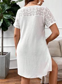 Celure Áo thun Plus size Tương phản ren Chia màu trơn Giải trí - trắng - Xem 2