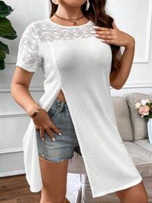 Celure Áo thun Plus size Tương phản ren Chia màu trơn Giải trí - trắng - Xem 5