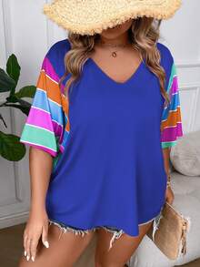 SHEIN LUNE Áo thun tay cánh dơi phối màu Plus Áo thun họa tiết dành cho nữ - Xanh đậm - Xem 4