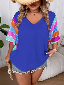 SHEIN LUNE Áo thun tay cánh dơi phối màu Plus Áo thun họa tiết dành cho nữ - Xanh đậm - Xem 6