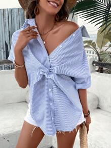 SHEIN VCAY 條紋圖案前扭結蝙蝠袖襯衫 - 淺藍色 - 查看 3