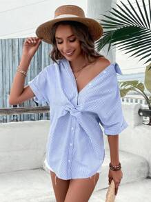 SHEIN VCAY 條紋圖案前扭結蝙蝠袖襯衫 - 淺藍色 - 查看 4