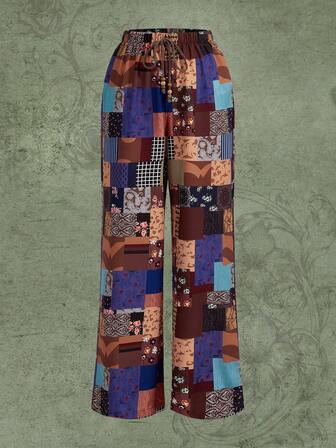 بنطلون بساق واسع طباعة مختلط رباط خصر