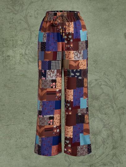 Patchwork Print Drawstring Waist Wide Leg Pants