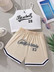 SHEIN 10-14歲女孩信件圖形背心上衣和對比綁定短褲 - 彩色 - 查看 1