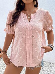 Celure Plus Notched Neckline Puff Sleeve Eyelet Embroidery Blouse