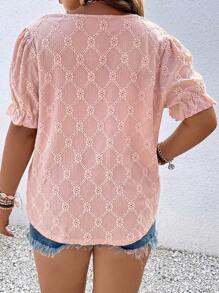 Celure Plus Notched Neckline Puff Sleeve Eyelet Embroidery Blouse