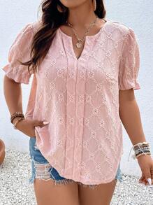 Celure Plus Notched Neckline Puff Sleeve Eyelet Embroidery Blouse