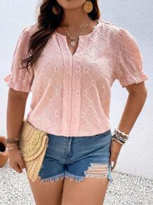 Celure Plus Notched Neckline Puff Sleeve Eyelet Embroidery Blouse