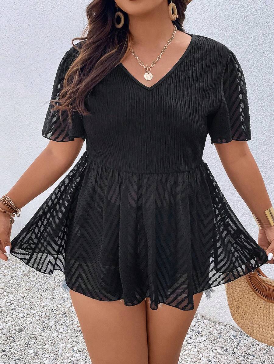 SHEIN Clasi áo nữ kích thước lớn Viên lá sen màu trơn Giải trí - màu đen - Xem 1