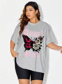 Judi Designs Co. Plus Butterfly & Letter Graphic Drop Shoulder Tee - Light Grey - View 1