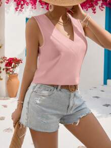 SHEIN VCAY Solid V Neck Sleeveless Blouse - Pink - View 3