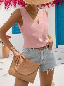 SHEIN VCAY Solid V Neck Sleeveless Blouse - Pink - View 4