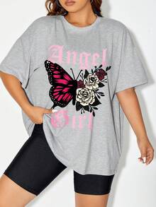 Judi Designs Co. Plus Butterfly & Letter Graphic Drop Shoulder Tee - Light Grey - View 4