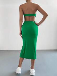 SHEIN Essnce Solid Tube Top & Twist Front Split Thigh Skirt - Green - View 2