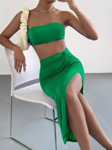 SHEIN Essnce Solid Tube Top & Twist Front Split Thigh Skirt - Green - View 3