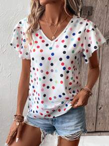 SHEIN LUNE 波點圖案花瓣袖襯衫 - 白色 - 查看 4