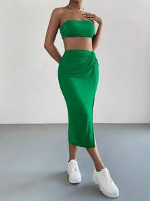 SHEIN Essnce Solid Tube Top & Twist Front Split Thigh Skirt - Green - View 4