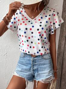 SHEIN LUNE 波點圖案花瓣袖襯衫 - 白色 - 查看 5