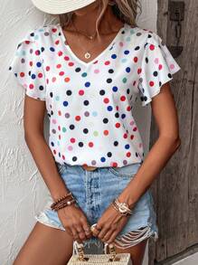 SHEIN LUNE 波點圖案花瓣袖襯衫 - 白色 - 查看 6