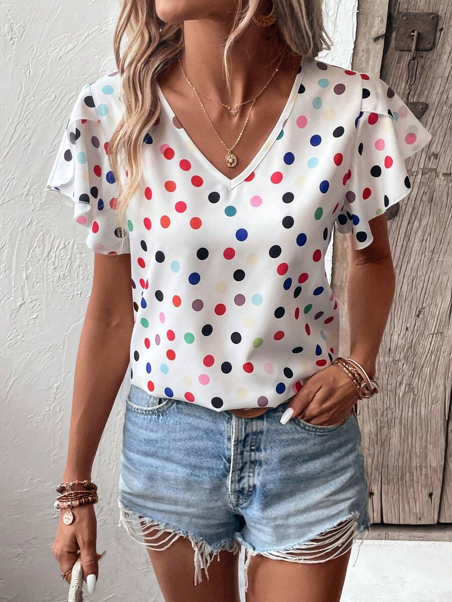 SHEIN LUNE 波點圖案花瓣袖襯衫 - 白色 - 查看 1