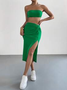 SHEIN Essnce Solid Tube Top & Twist Front Split Thigh Skirt - Green - View 6
