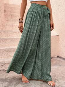 SHEIN LUNE Allover Print Knot Side Wide Leg Trousers - Green - View 1