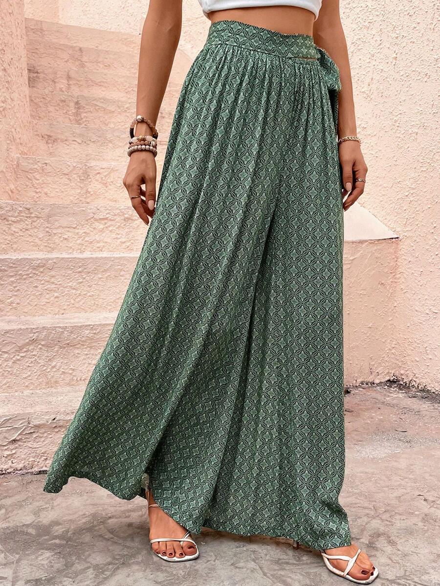 SHEIN LUNE Allover Print Knot Side Wide Leg Trousers - Green - View 1