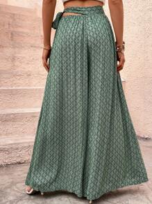 SHEIN LUNE Allover Print Knot Side Wide Leg Trousers - Green - View 2