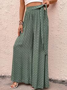 SHEIN LUNE Allover Print Knot Side Wide Leg Trousers - Green - View 5