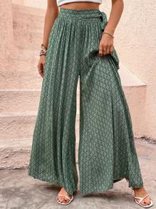 SHEIN LUNE Allover Print Knot Side Wide Leg Trousers - Green - View 6