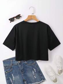 INAWLY Camiseta crop unicolor de cuello redondo - Negro - Ver 2