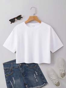 INAWLY Solid Round Neck Crop Tee