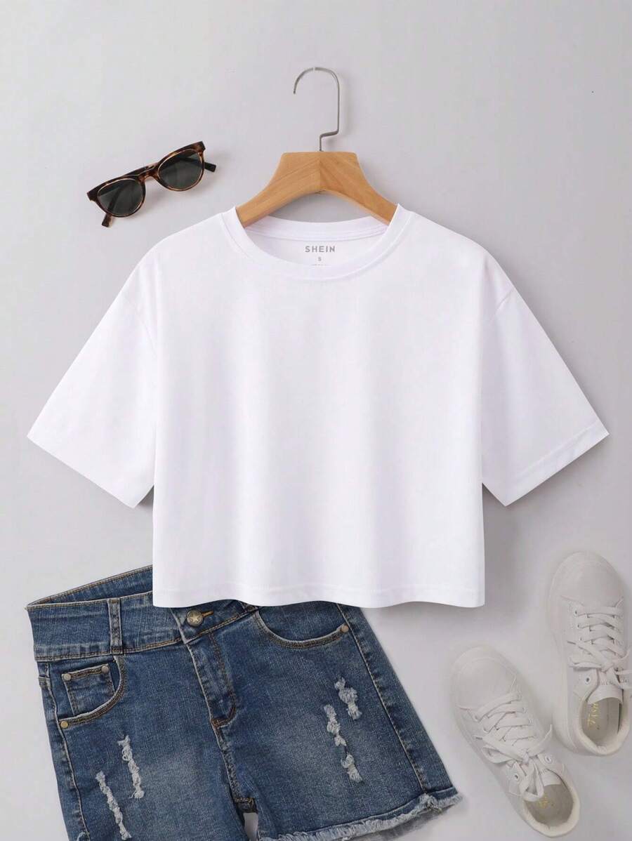 INAWLY Solid Round Neck Crop Tee
