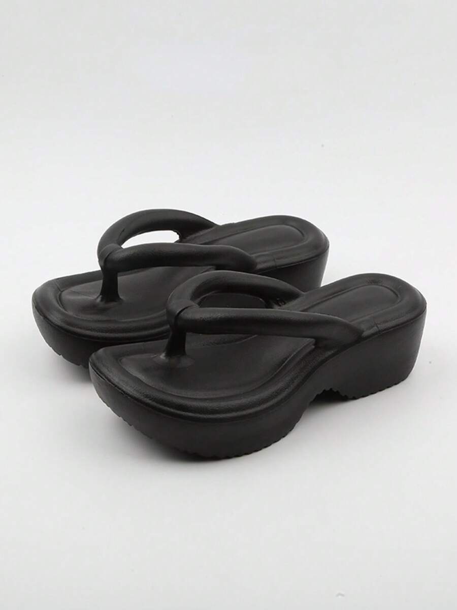 女性極簡風格夾腳時尚黑色乙烯-乙酸乙烯共聚物人字拖 - 黑色 - 查看 1