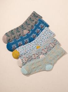 5雙圖形圖案中筒襪